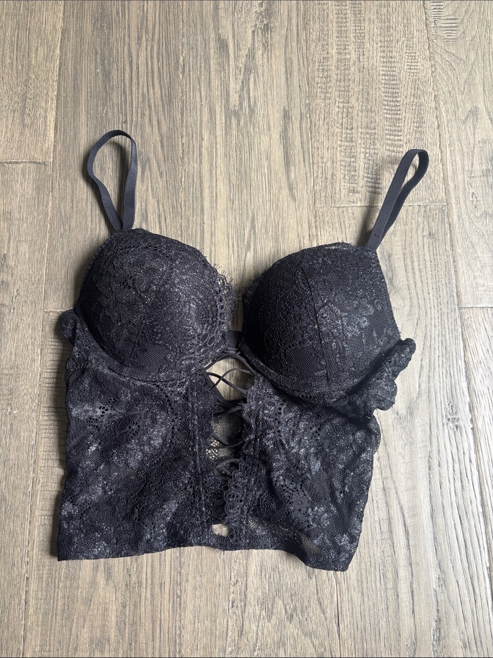 La SENZA | Black Lace Longline Bralette with Front Lace-Up Size XS